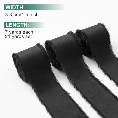 Mlurcu Black Silk Satin Ribbon 1-1/2 Inch x 21Yds Handmade Fringe Silky Chiffon Frayed Fabric Ribbon for Flower Bouquet, Gift Wrapping, Wedding Invitation, Bridal Shower, Baby Shower, Christmas, Crafts - Image 2