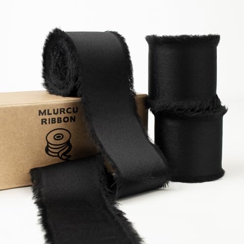 Mlurcu Black Silk Satin Ribbon 1-1/2 Inch x 21Yds Handmade Fringe Silky Chiffon Frayed Fabric Ribbon for Flower Bouquet, Gift Wrapping, Wedding Invitation, Bridal Shower, Baby Shower, Christmas, Crafts - Image 1