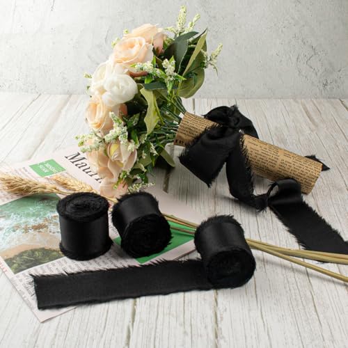 Mlurcu Black Silk Satin Ribbon 1-1/2 Inch x 21Yds Handmade Fringe Silky Chiffon Frayed Fabric Ribbon for Flower Bouquet, Gift Wrapping, Wedding Invitation, Bridal Shower, Baby Shower, Christmas, Crafts - Image 5