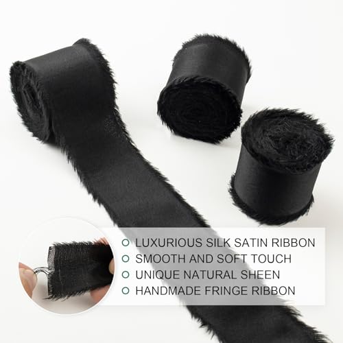 Mlurcu Black Silk Satin Ribbon 1-1/2 Inch x 21Yds Handmade Fringe Silky Chiffon Frayed Fabric Ribbon for Flower Bouquet, Gift Wrapping, Wedding Invitation, Bridal Shower, Baby Shower, Christmas, Crafts - Image 3