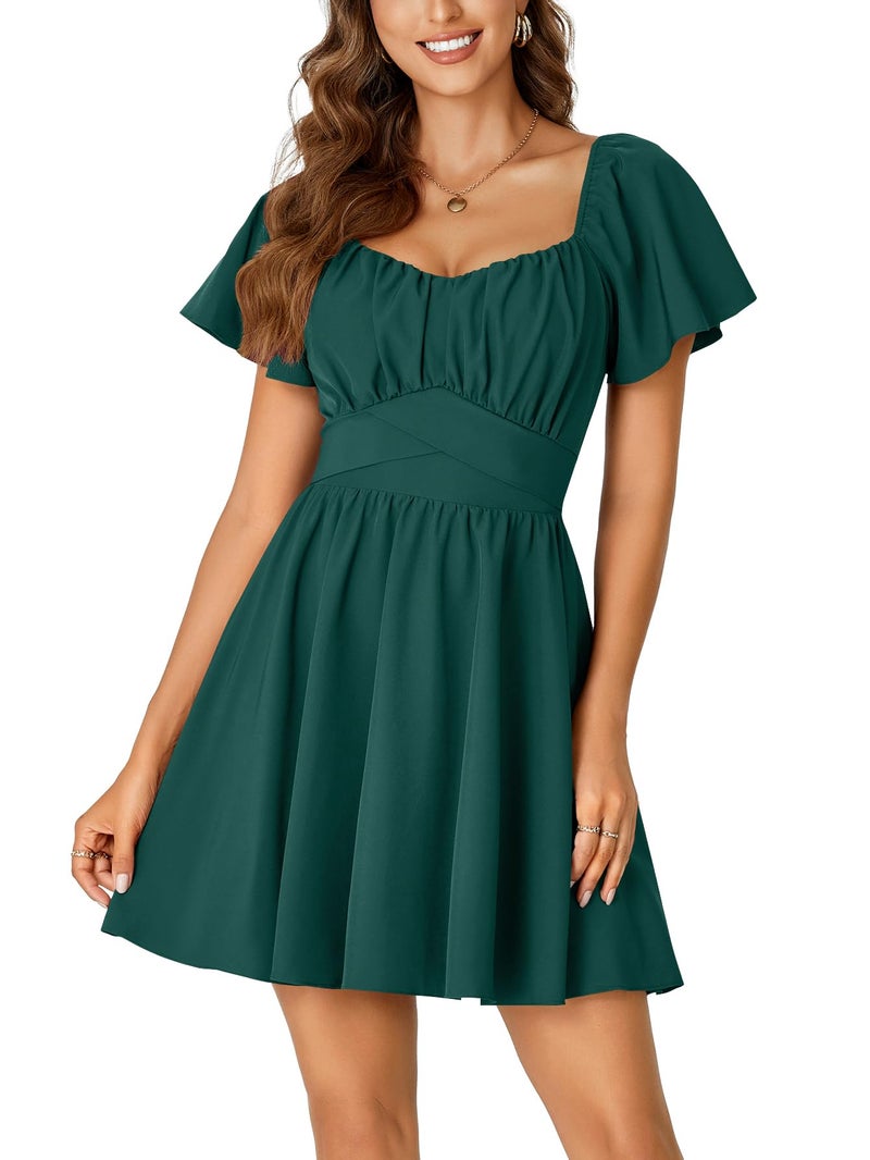 Rooscier Women's Tie Back Square Neck Wrap Ruffle Short Sleeve Flare Mini Dress Dark Green Medium - Image 2