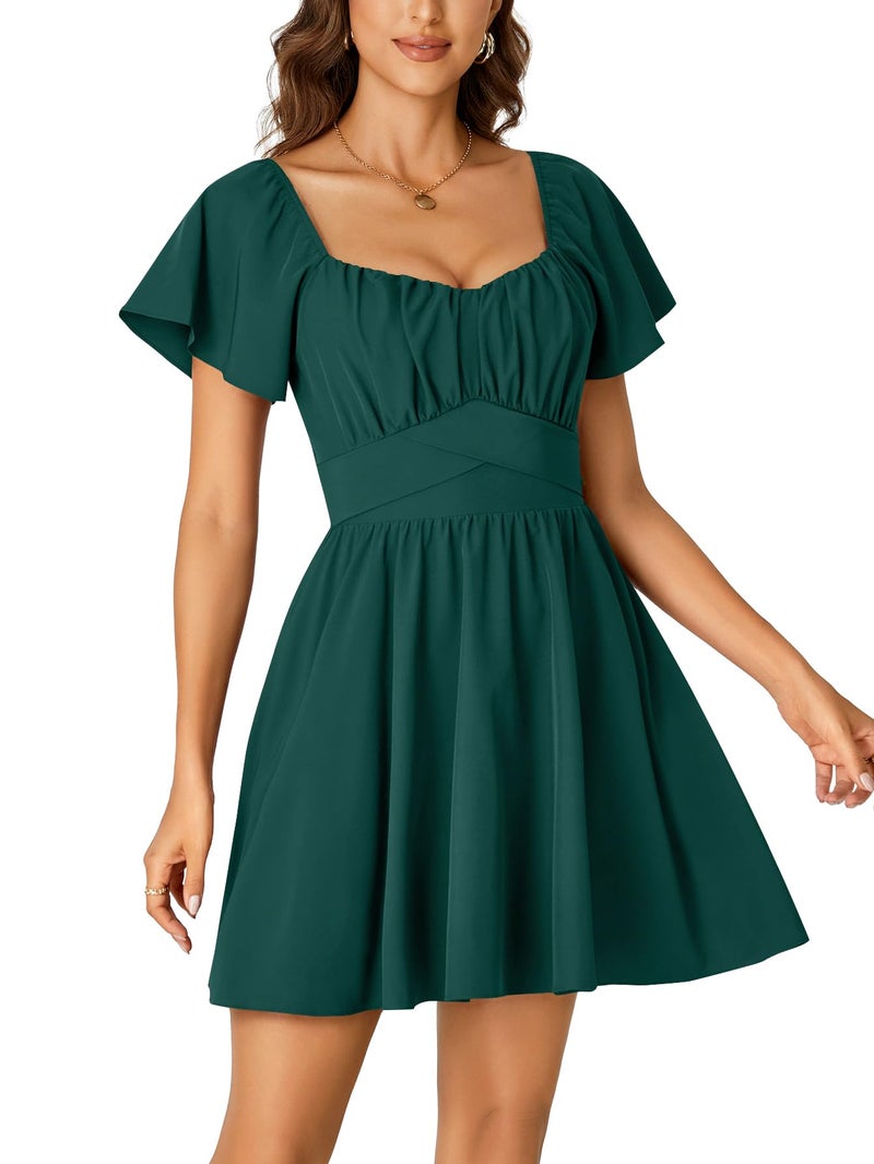 Rooscier Women's Tie Back Square Neck Wrap Ruffle Short Sleeve Flare Mini Dress Dark Green Medium - Image 4