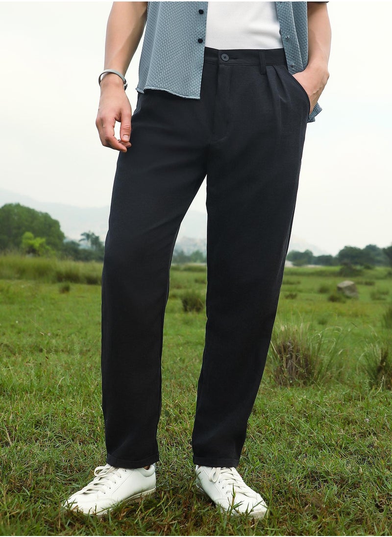 Campus Sutra Men's Onyx Black Velvique Tailored Trousers  - Image 1