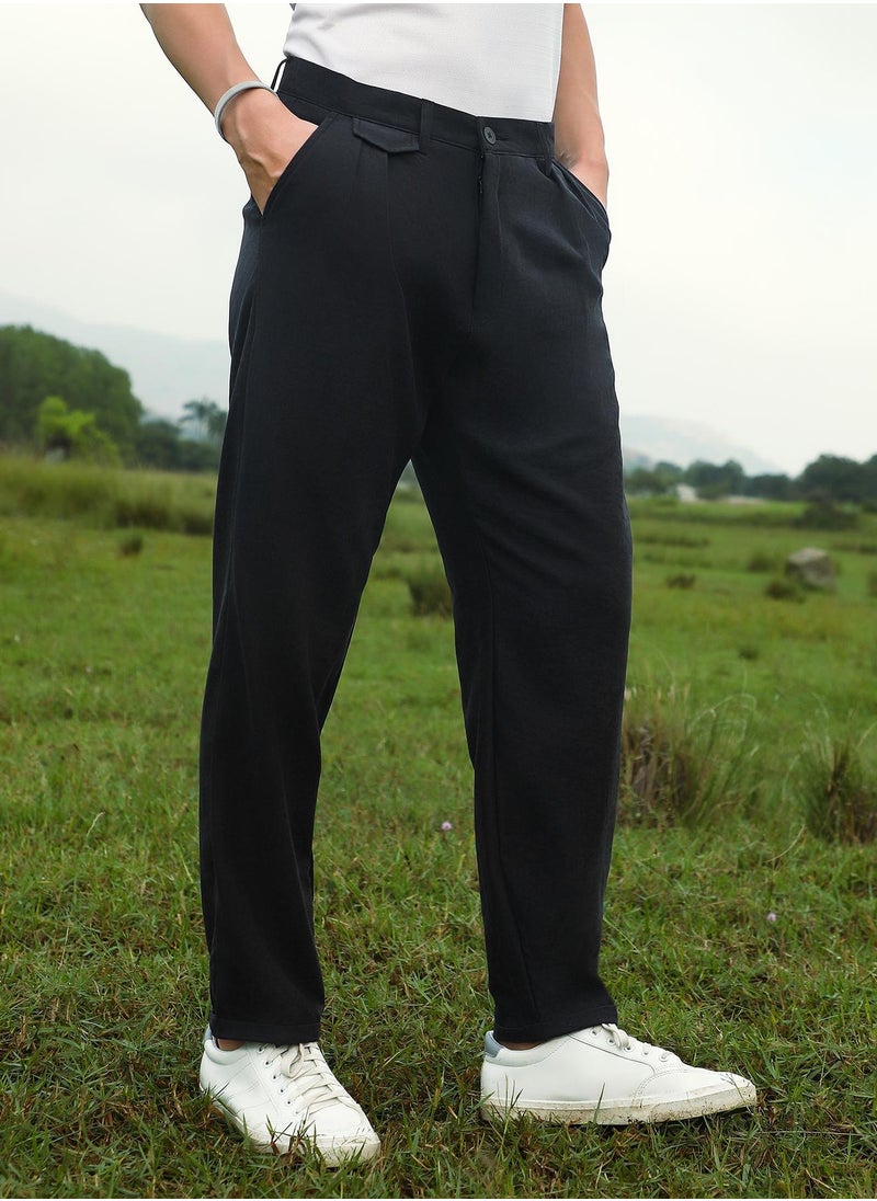 Campus Sutra Men's Onyx Black Velvique Tailored Trousers  - Image 3