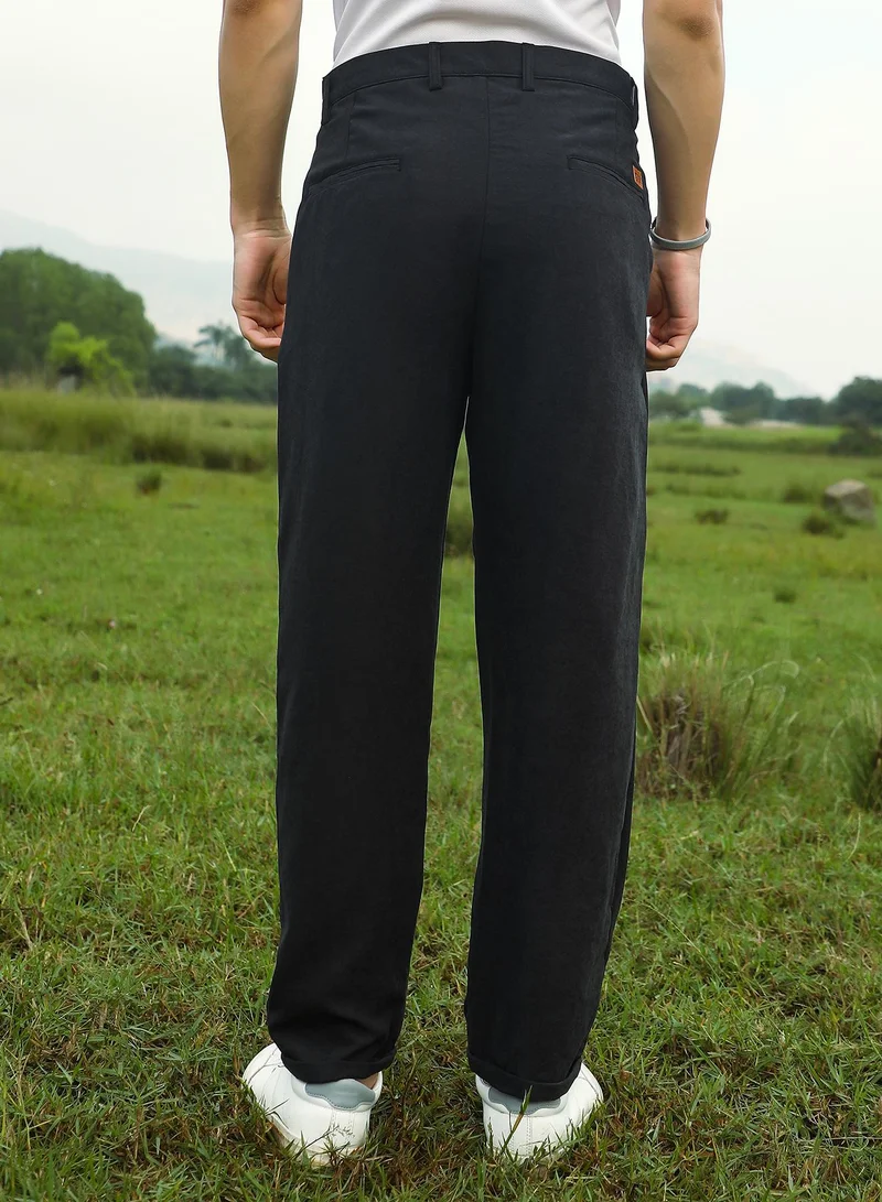 Campus Sutra Campus Sutra Men's Onyx Black Velvique Tailored Trousers For Casual Wear | Mid-Rise | Regular Fit | Button Closure | Trousers Crafted With Comfort Fit For Everyday Wear