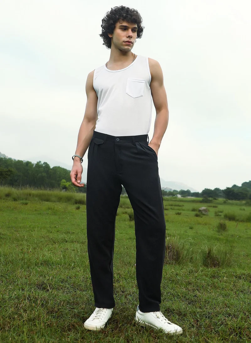 Campus Sutra Campus Sutra Men's Onyx Black Velvique Tailored Trousers For Casual Wear | Mid-Rise | Regular Fit | Button Closure | Trousers Crafted With Comfort Fit For Everyday Wear