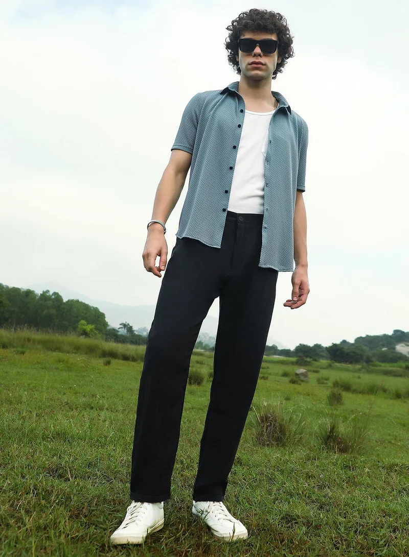 Campus Sutra Campus Sutra Men's Onyx Black Velvique Tailored Trousers For Casual Wear | Mid-Rise | Regular Fit | Button Closure | Trousers Crafted With Comfort Fit For Everyday Wear