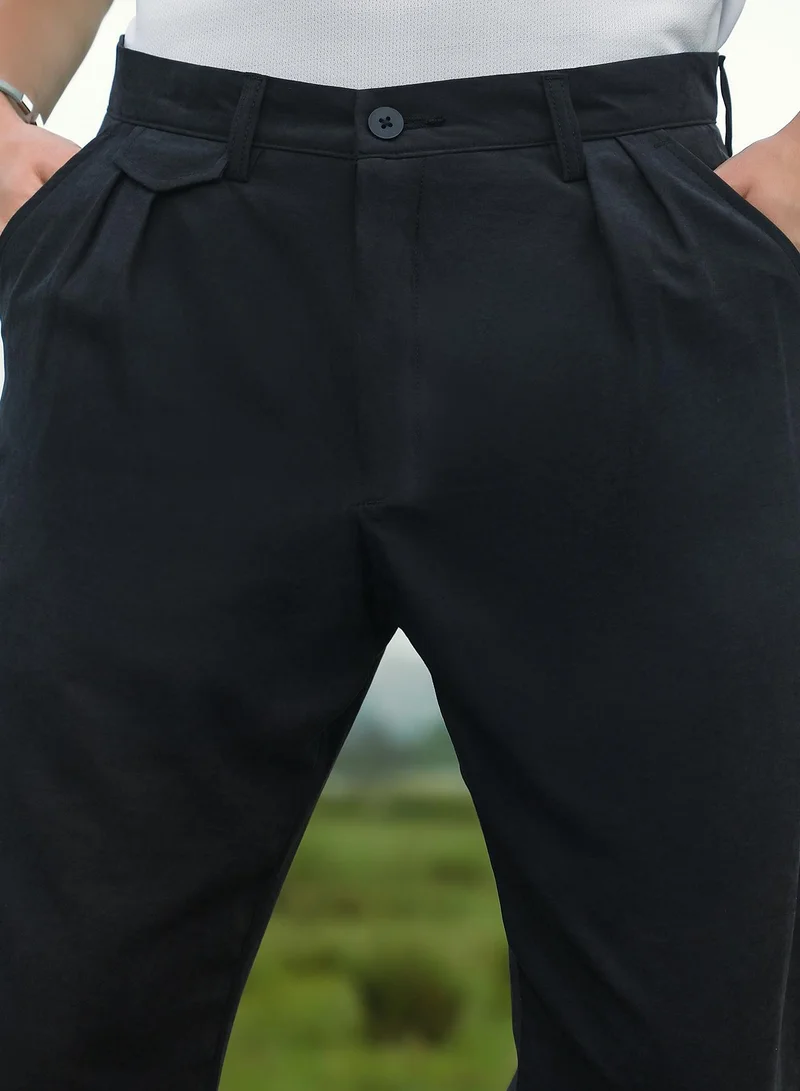 Campus Sutra Campus Sutra Men's Onyx Black Velvique Tailored Trousers For Casual Wear | Mid-Rise | Regular Fit | Button Closure | Trousers Crafted With Comfort Fit For Everyday Wear