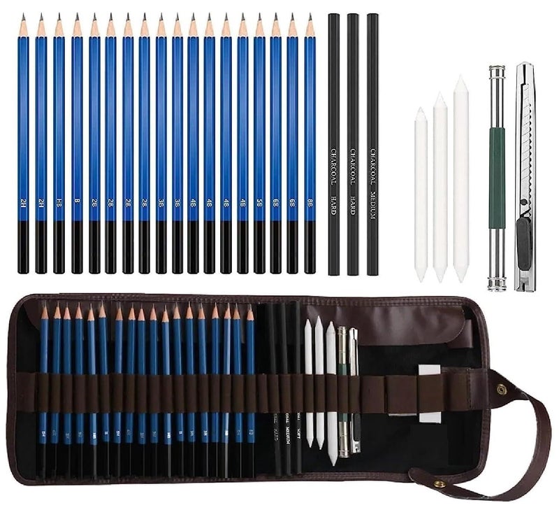 Corslet 29 Pcs Drawing Pencil Set for Artists Sketching Kit Art Tool with Graphite Charcoal Pencils Paper Erasable Pen Craft Knife Lightwish With Canvas Rolling Pouch