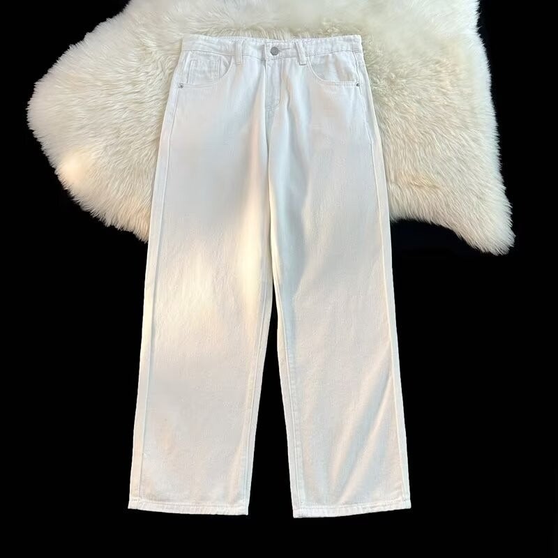 White Casual Mens Jeans American Style Versatile Straight Leg Long Pants Simple Basic Model Youth Popular Low Waist Zipper Opening White  - Image 1