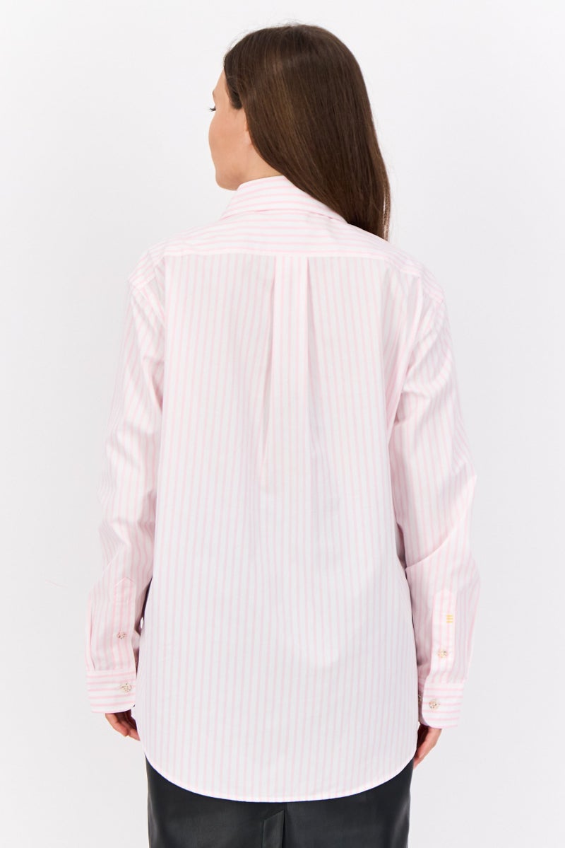 ESPRIT قميص نسائي بأكمام طويلة وياقة مدببة، مخطط، وردي فاتح - Image 2