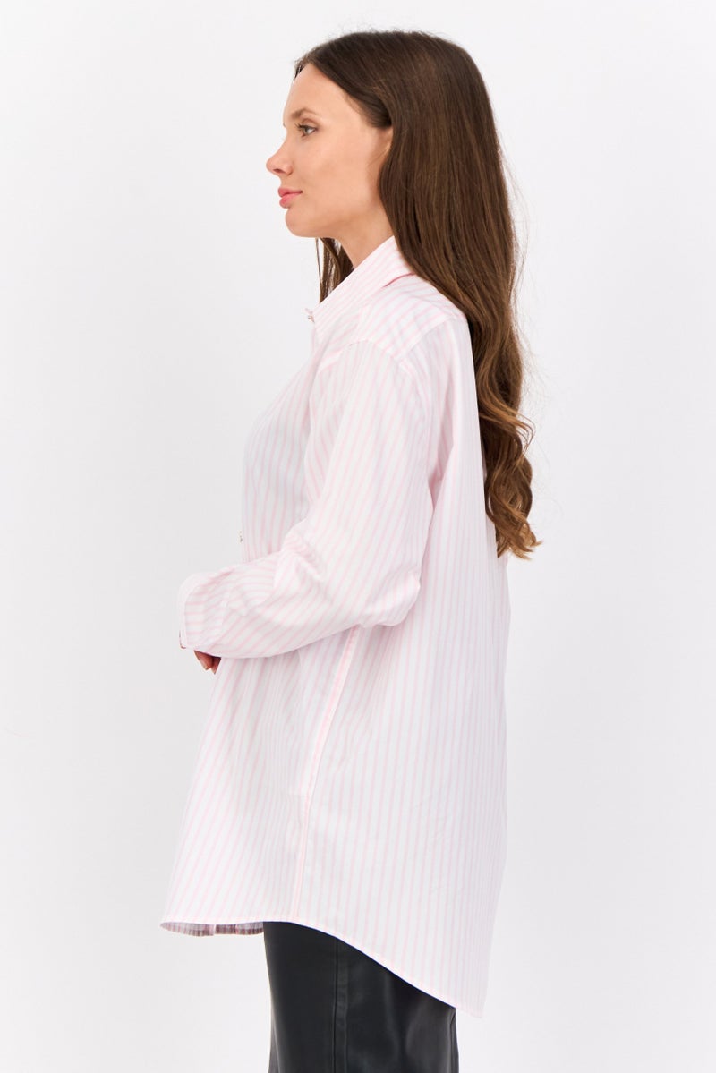 ESPRIT قميص نسائي بأكمام طويلة وياقة مدببة، مخطط، وردي فاتح - Image 4