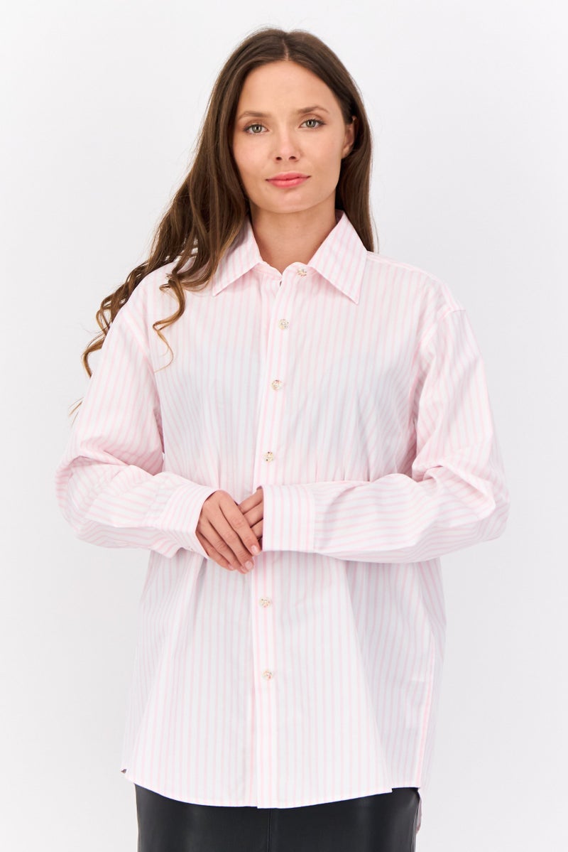 ESPRIT قميص نسائي بأكمام طويلة وياقة مدببة، مخطط، وردي فاتح - Image 1