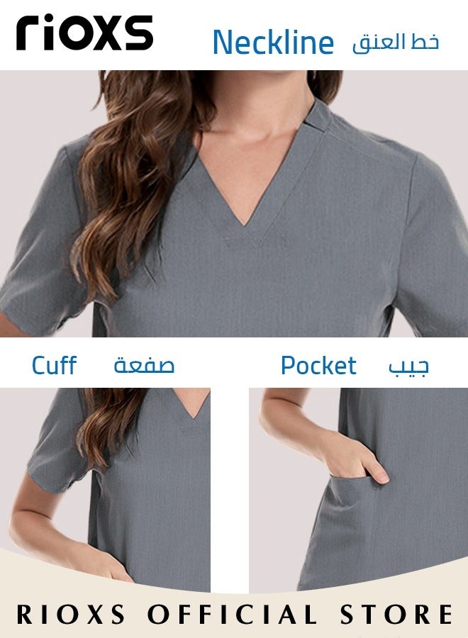 RIOXS Unisex Medical Uniform Scrubs Women And Men Scrubs Set Medical Scrubs Short Sleeve Top And Pants, Soft Grey Stretch V-Neck Top, Hospital Nurse Scrubs Set, Dentist Clinic Uniform Unisex, Pharmacy Technician Workwear  - Image 3