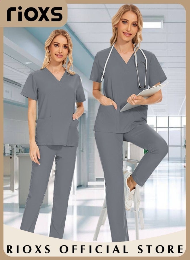 RIOXS Unisex Medical Uniform Scrubs Women And Men Scrubs Set Medical Scrubs Short Sleeve Top And Pants, Soft Grey Stretch V-Neck Top, Hospital Nurse Scrubs Set, Dentist Clinic Uniform Unisex, Pharmacy Technician Workwear  - Image 2