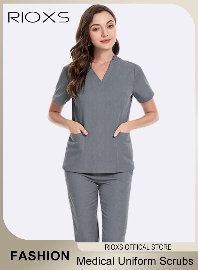 RIOXS Unisex Medical Uniform Scrubs Women And Men Scrubs Set Medical Scrubs Short Sleeve Top And Pants, Soft Grey Stretch V-Neck Top, Hospital Nurse Scrubs Set, Dentist Clinic Uniform Unisex, Pharmacy Technician Workwear  - Image 1