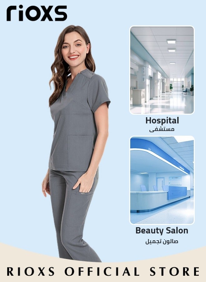 RIOXS Unisex Medical Uniform Scrubs Women And Men Scrubs Set Medical Scrubs Short Sleeve Top And Pants, Soft Grey Stretch V-Neck Top, Hospital Nurse Scrubs Set, Dentist Clinic Uniform Unisex, Pharmacy Technician Workwear  - Image 5