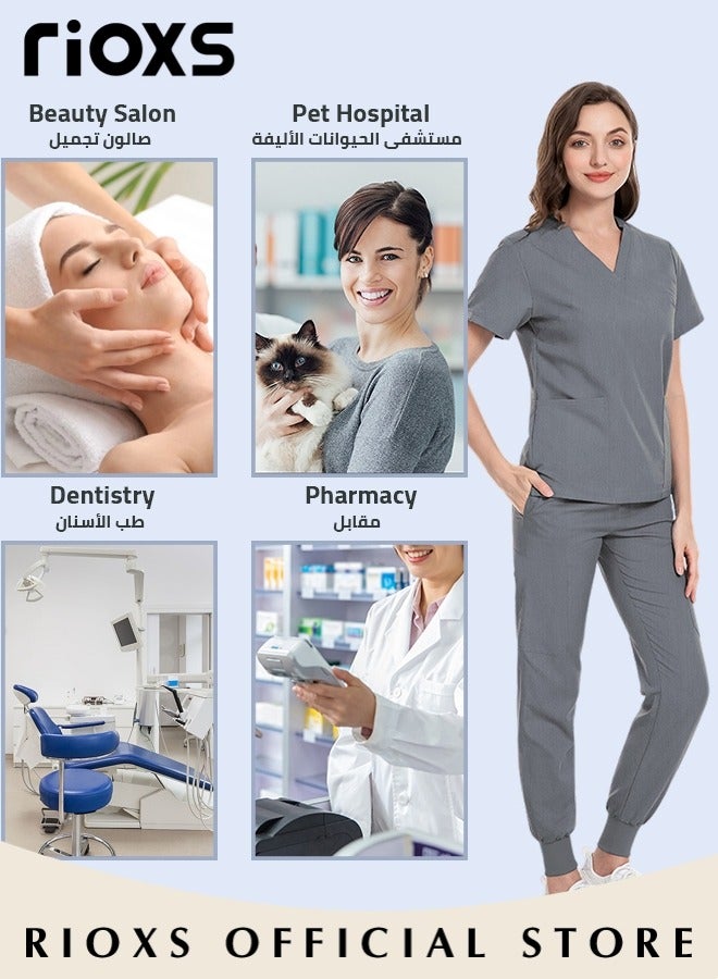 Unisex Medical Uniform Scrubs Women And Men Scrubs Set Medical Scrubs Short Sleeve Top And Pants, Soft Grey Stretch V-Neck Top, Hospital Nurse Scrubs Set, Dentist Clinic Uniform Unisex, Pharmacy Technician Workwear