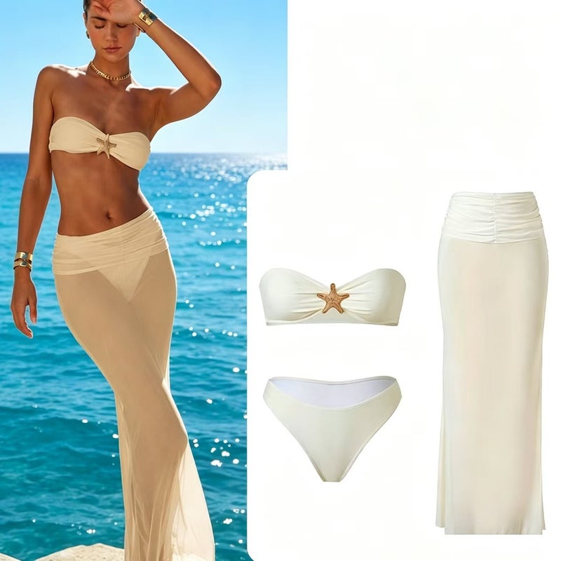Women's Solid Color 3-Piece Bikini Set with Sarong - Image 1