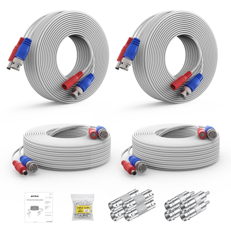 ANNKE 30M/100ft BNC Cable, Video Power Extension Surveillance Camera Cables for CCTV Security DVR System Installation, Free 8X BNC Connectors and 100pcs Cable Clips Included, 4 Pack, White - Image 1