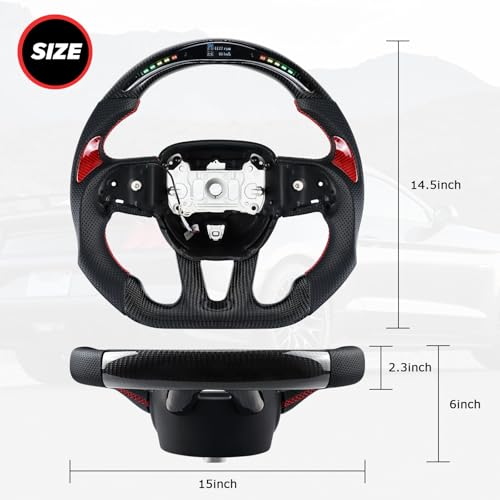 LOSCHEN Carbon Fiber Steering Wheel Dshaped Flatbottom Perforated Leather LED Display Shift Indicator Steering Wheel for DodgeJeep Grand CherokeeSXTGTRTSRTHELLCATwith Red Patches - Image 3