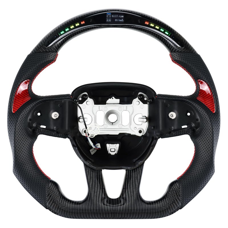 LOSCHEN Carbon Fiber Steering Wheel Dshaped Flatbottom Perforated Leather LED Display Shift Indicator Steering Wheel for DodgeJeep Grand CherokeeSXTGTRTSRTHELLCATwith Red Patches - Image 2