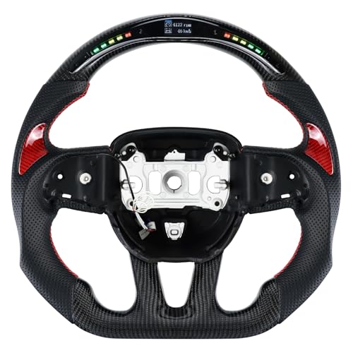 LOSCHEN Carbon Fiber Steering Wheel Dshaped Flatbottom Perforated Leather LED Display Shift Indicator Steering Wheel for DodgeJeep Grand CherokeeSXTGTRTSRTHELLCATwith Red Patches - Image 1