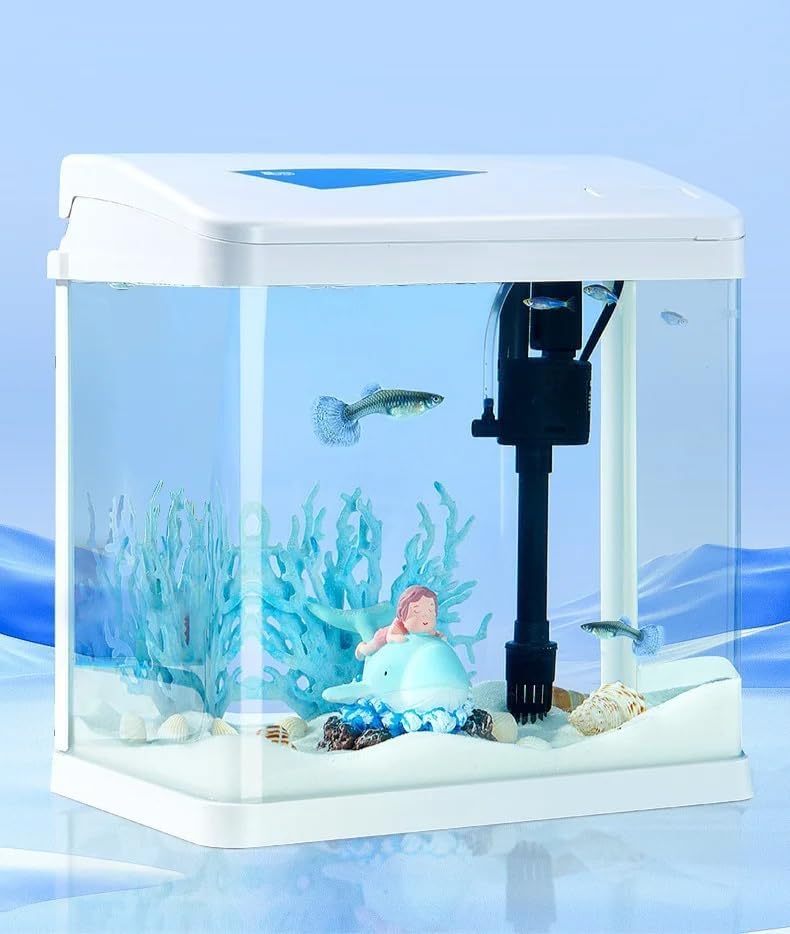 FITTO Aquarium - Blue, 30 Litre Capacity, 38 x 32.4 x 42.5 cm, Full Set Table Top Fish Tank with Energy-Saving Colorful LED Light, Top Water Filter, Air Blower, and Feeding Hole – Perfect for Small Fish, Shrimp, and Aquatic Decor in Home or Office - Image 2