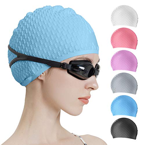 Tripsky Silicone Swim Cap,Comfortable Bathing Cap Ideal for Curly Short Medium Long Hair, Swimming Cap for Women and Men, Shower Caps Keep Hairstyle Unchanged (Blue) - Image 1