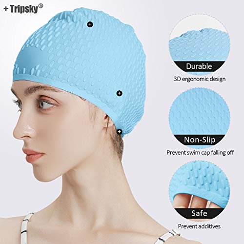 Tripsky Silicone Swim Cap,Comfortable Bathing Cap Ideal for Curly Short Medium Long Hair, Swimming Cap for Women and Men, Shower Caps Keep Hairstyle Unchanged (Blue) - Image 4