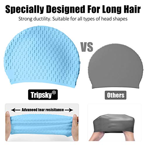 Tripsky Silicone Swim Cap,Comfortable Bathing Cap Ideal for Curly Short Medium Long Hair, Swimming Cap for Women and Men, Shower Caps Keep Hairstyle Unchanged (Blue) - Image 5