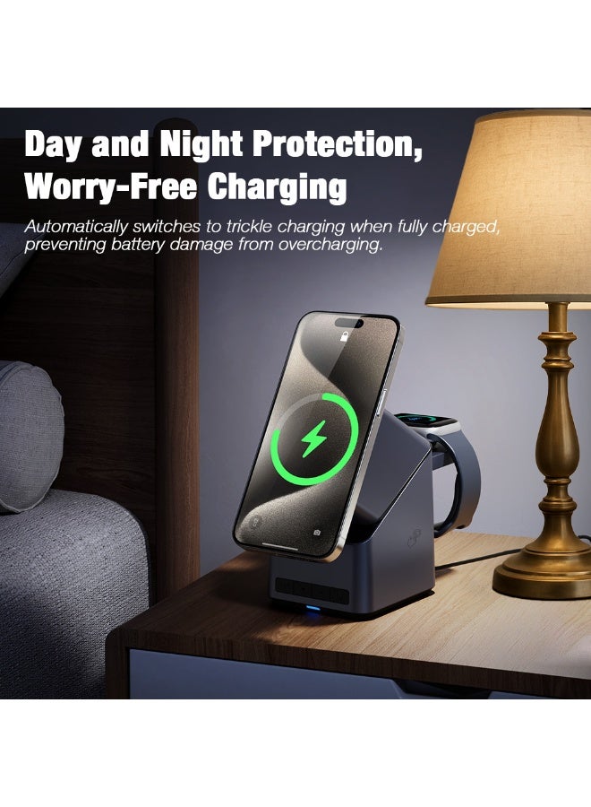SIGood MagSafe Wireless Charger, 4-in-1 Charging Station with Real-Time Clock, 15W QC 3.0, 180° Auto-Rotate Magnetic Stand, Compatible with iPhone 12-16/Apple Watch/AirPods - Image 5