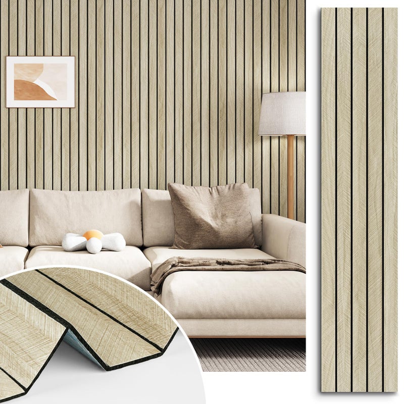 STICKEEP Beige Oak Peel and Stick Wood Panels 3D Textured Acoustic Wood Slats Panel for Wall 118x197 Self Adhesive Soundproof Wooden Slatted Panel Wallpaper for Bedroom Office Studio Wall Decor - Image 2
