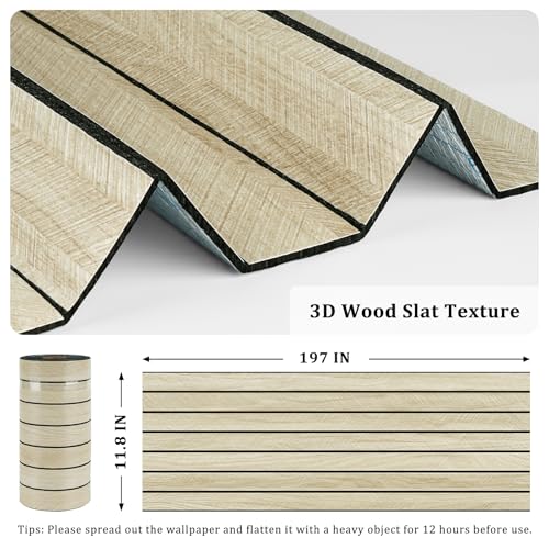 STICKEEP Beige Oak Peel and Stick Wood Panels 3D Textured Acoustic Wood Slats Panel for Wall 118x197 Self Adhesive Soundproof Wooden Slatted Panel Wallpaper for Bedroom Office Studio Wall Decor - Image 3