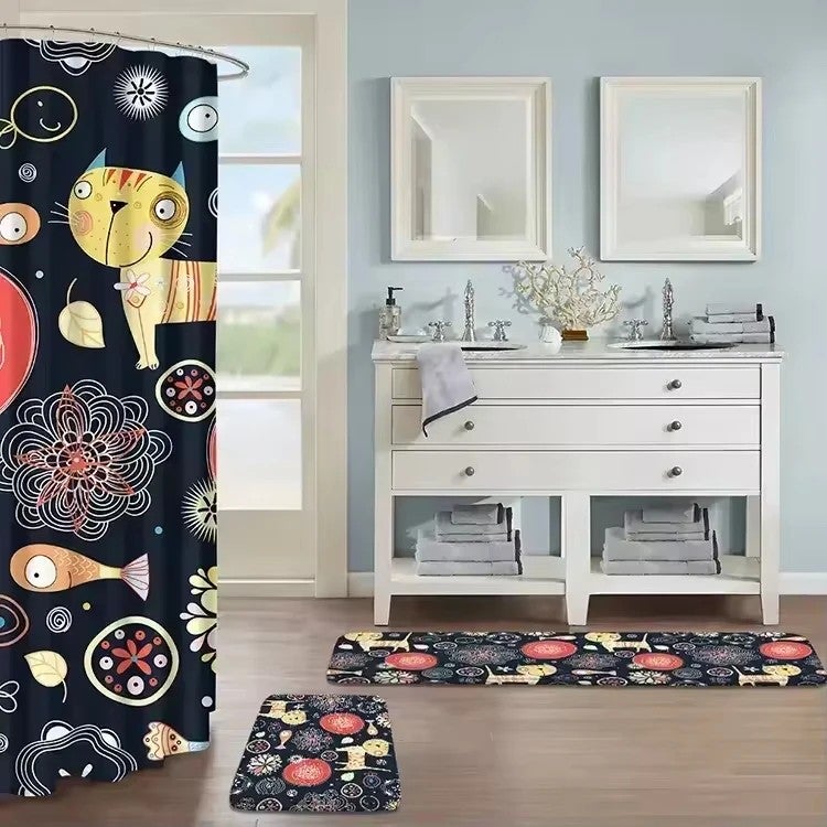 Y&D Cute 3 Piece Non Slip Bath Mat Rug With Waterproof Foam Shower Curtain Set for Bathroom - Image 3