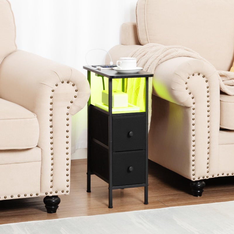 LOAKEKEL Narrow Nightstand with Charging Station, End Tables Living Room Set of 2, Skinny Side Table with Fabric Drawers, Small Sofa Table with LED Light for Bedroom, Black, HETNDP02LBK - Image 5
