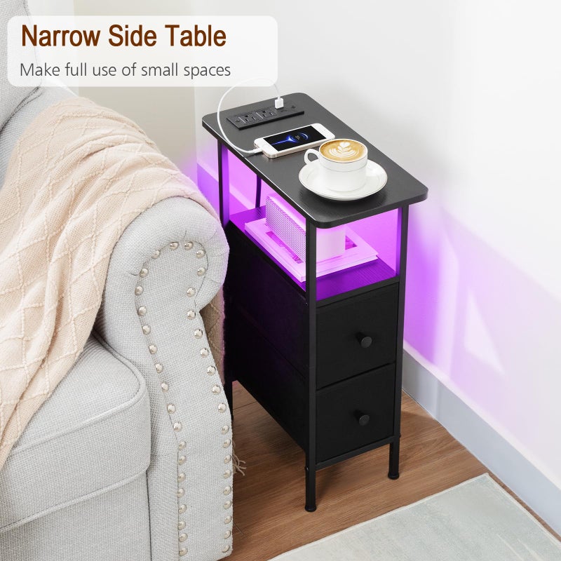 LOAKEKEL Narrow Nightstand with Charging Station, End Tables Living Room Set of 2, Skinny Side Table with Fabric Drawers, Small Sofa Table with LED Light for Bedroom, Black, HETNDP02LBK - Image 2