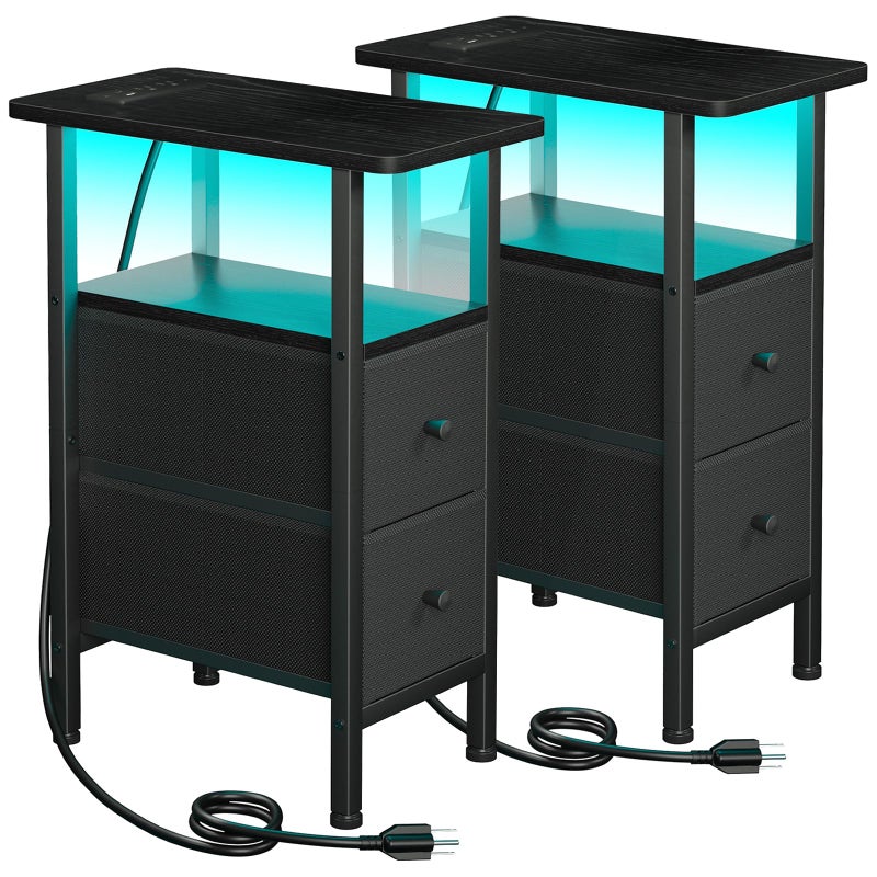 LOAKEKEL Narrow Nightstand with Charging Station, End Tables Living Room Set of 2, Skinny Side Table with Fabric Drawers, Small Sofa Table with LED Light for Bedroom, Black, HETNDP02LBK - Image 1