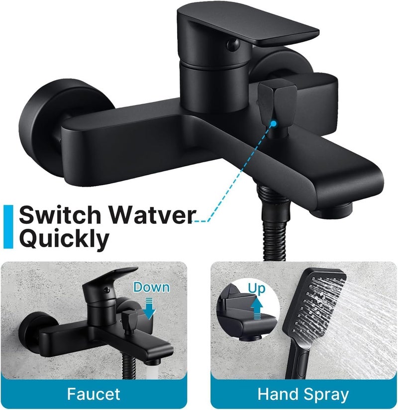 Bathroom Shower Mixer (Matte Black Wall Bathtub Mixer with Square Shower Hand and Flexible Wall Mount – Complete Modern Bathroom Set) - Image 1