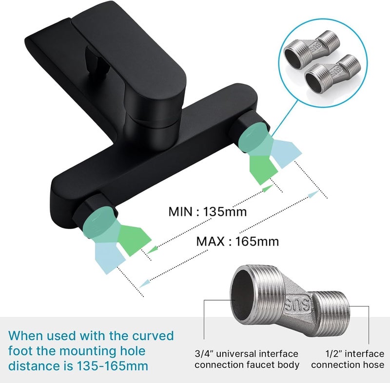 Bathroom Shower Mixer (Matte Black Wall Bathtub Mixer with Square Shower Hand and Flexible Wall Mount – Complete Modern Bathroom Set) - Image 2
