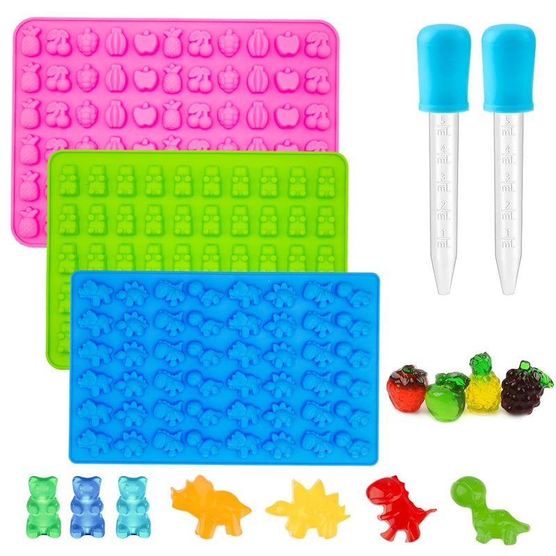 Apiocmy 3Pcs Gummy Candy Molds for Kids - Silicone Mini Gummy Bear/Dinosaur/Fruit Snack Molds with 2Pcs Dropper,Non-stick and Bpa Free for Candy Chocolate Gummies Baking - Image 1