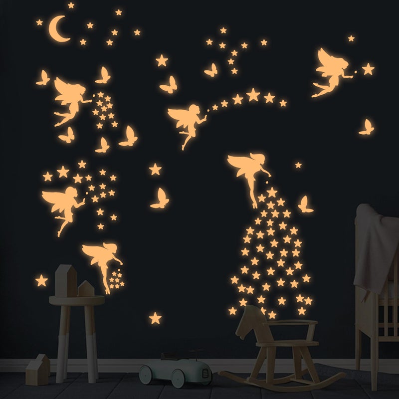 Glow in The Dark Fairy Wall Decals Luminous Fairies Stars Wall Stickers for Ceiling Peel and Stick Butterfly Decoration for Kids Room Pink
