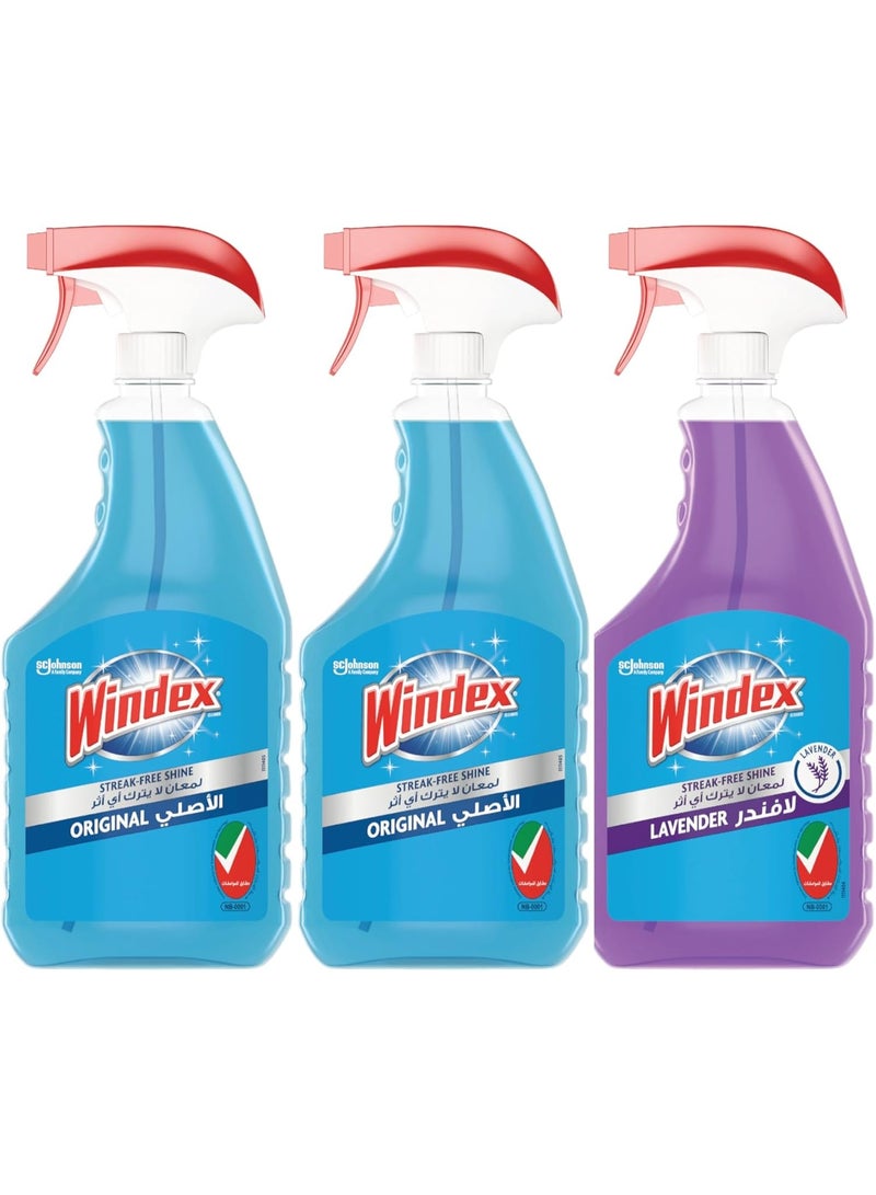 Windex Window & Glass Cleaner 2 x Original & 1 x Lavender, Streak-Free Shine, Removes Smudges, Fingerprints & Grease, Fast-Acting Formula for Windows, Mirrors & Glass Surfaces, 3 x 750ml - Image 1