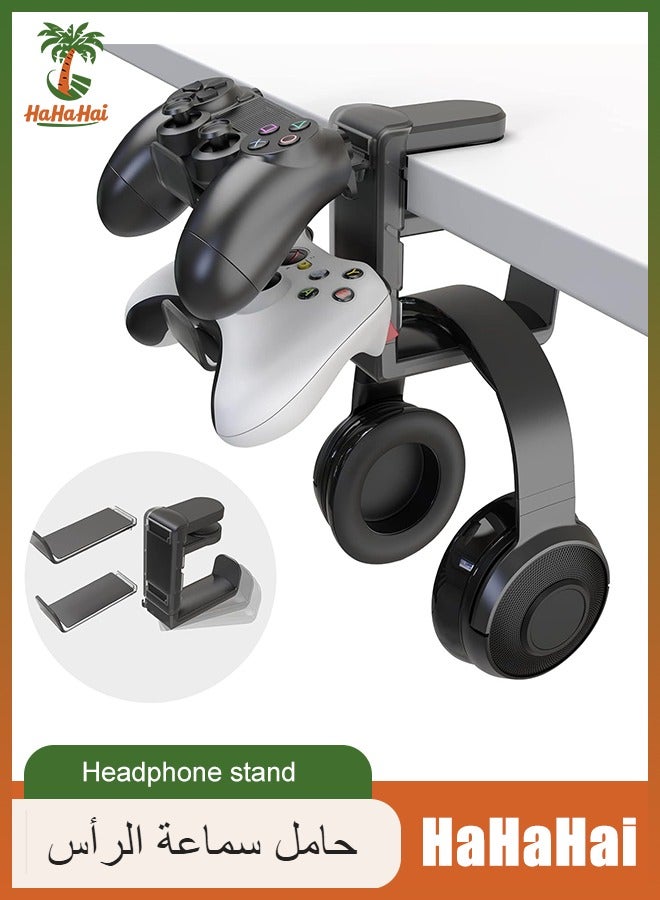 HaHaHai 3-in-1 PC Gaming Headset&Controller Holder -  Headphone Stand w/Adjustable Clamp&2 Controller Holder&Rotating Arm&Cable Organizer, Universal PC Gaming Accessory Controller Headset Stand-Black  - Image 1