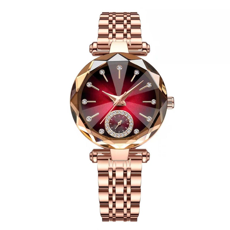 Reginald Women Watches with Bracelet Rose Gold for Lady Elegant Stainless Steel Strap Fashion Analog Creative Diamond Dial Wrist Watch (Red) - Image 2