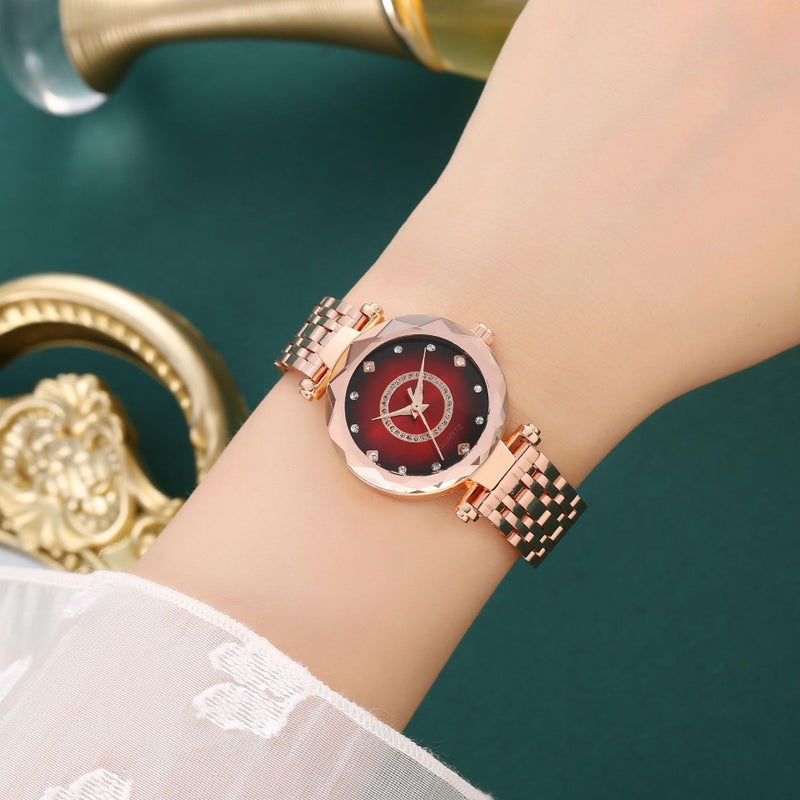 Reginald Women Watches with Bracelet Rose Gold for Lady Elegant Stainless Steel Strap Fashion Analog Creative Diamond Dial Wrist Watch (Red) - Image 4