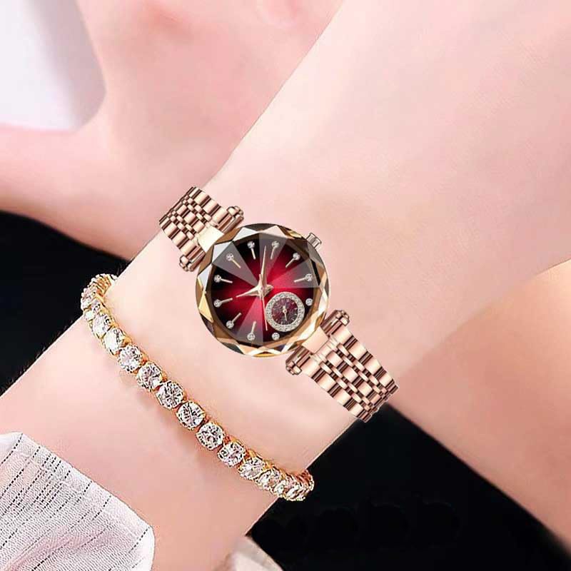 Reginald Women Watches with Bracelet Rose Gold for Lady Elegant Stainless Steel Strap Fashion Analog Creative Diamond Dial Wrist Watch (Red) - Image 3