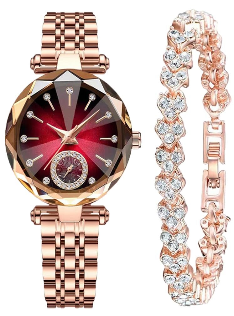 Reginald Women Watches with Bracelet Rose Gold for Lady Elegant Stainless Steel Strap Fashion Analog Creative Diamond Dial Wrist Watch (Red) - Image 1