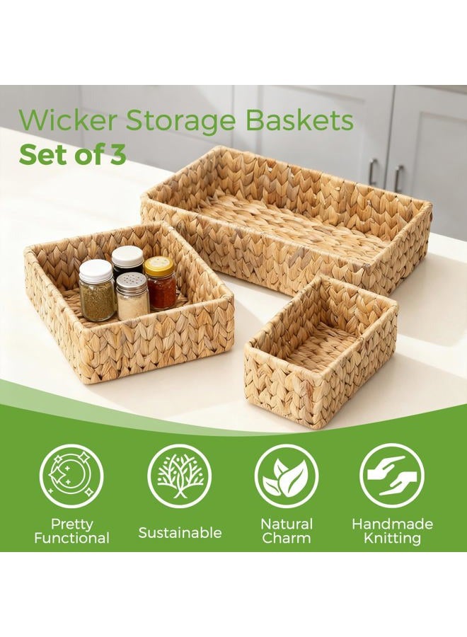 S310 Wicker Storage Baskets Set of 3, Handwoven Water Hyacinth Baskets for Organizing, Decorative Natural Woven Baskets for Pantry Bathroom Kitchen Shelves (Large, Medium, Small) - Image 3