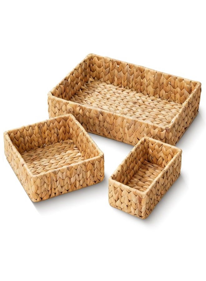S310 Wicker Storage Baskets Set of 3, Handwoven Water Hyacinth Baskets for Organizing, Decorative Natural Woven Baskets for Pantry Bathroom Kitchen Shelves (Large, Medium, Small) - Image 1